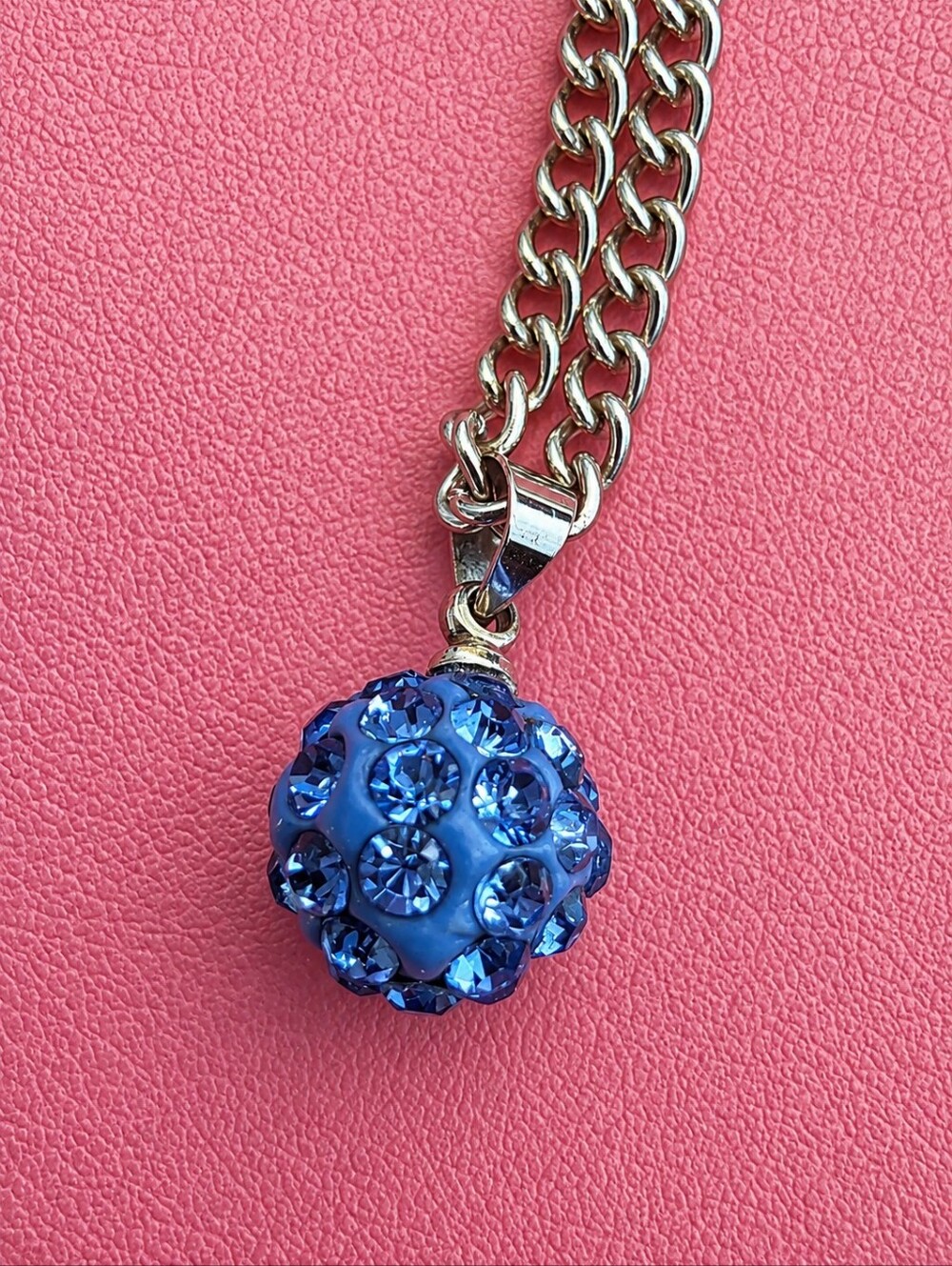 NWT Handmade Blue Rhinestone Disco Ball Pendant Silver Chain Necklace Sz 22.25"